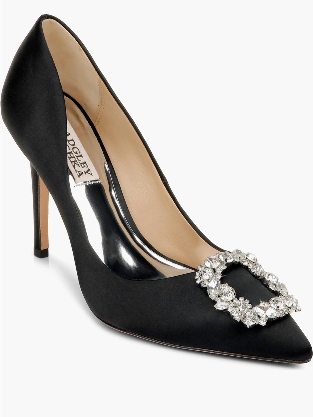 BADGLEY MISCHKA Black Satin Crystal Buckle Pointed Pumps